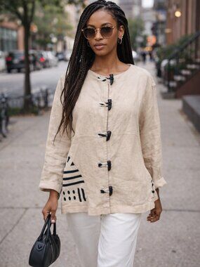 VTG Joy Burton 100% Linen Toggle Jacket L Beige Artwear Tribal MY TRIBE